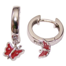Kindercreolen Schmetterling - Kinderschmuck - mit roter Emaille hängend, 925/- Silber, Innendurchmesser der Creolen ca: 9 mm, 1 Paar