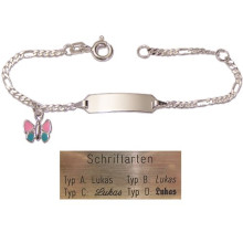 Gravurarmband 14 cm in 925/- Silber mit emailliertem Schmetterling , rosa-hellblau
