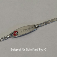 Gravurarmband - Schildarmband - Kinderschmuck, 16 cm lang in 925/- Silber, mit rot-schwarz emailliertem Marienkäfer auf dem Gravurschild, für Kinder