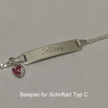 Gravurarmband Herz rosa, 14 cm lang, in 925/- Silber, mit rosa Glasstein-Herz, Panzer- Schildband für Kinder 