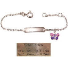 Gravurarmband - Schildarmband, 14 cm lang, in 925/- Silber mit Schmetterling rosa violett