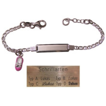 Gravurarmband - Kinderarmband, 14 cm lang, mit rosa Schuh, in 925/- Silber, für Mädchen