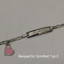 Gravurarmband - Schildband - Kinderschmuck - mit Herz rosa emailliert, 925/- Silber, 14 cm lang, für Kinder 