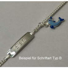Gravurarmband - Schildband - Kinderschmuck - mit Delfin hellblau emailliert, 925/- Silber, 14 cm lang, für Kinder