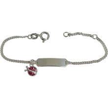 Gravurarmband - Schildband - Kinderschmuck - mit rosa Glasstein Marienkäfert, 925/- Silber, 14 cm lang