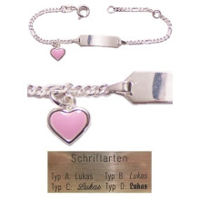 Gravurarmband - Schildband - Kinderschmuck, mit rosa emailliertem Herz, 925/- Silber, 14 cm lang, für Kinder